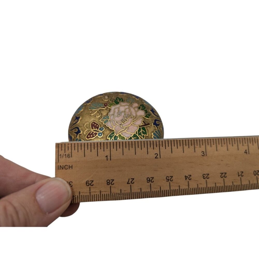 3" Vtg Chinese cloisonne enamel-on-gilt-brass round Trinket Box W Lid Flowers Bu - Picture 5 of 10